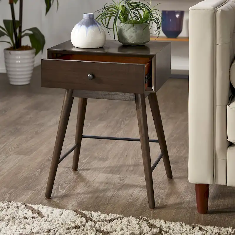 Mid-Century Modern Wood End Table with 1 Drawer, Compact Nightstand Side Table