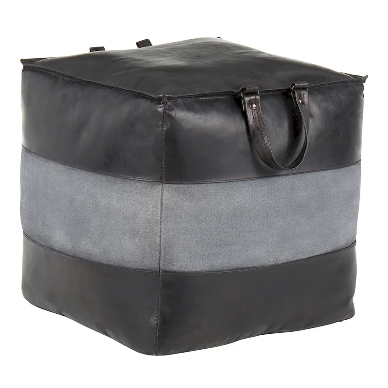 Carbon Loft Najah Industrial Pouf Ottoman in Leather and Canvas