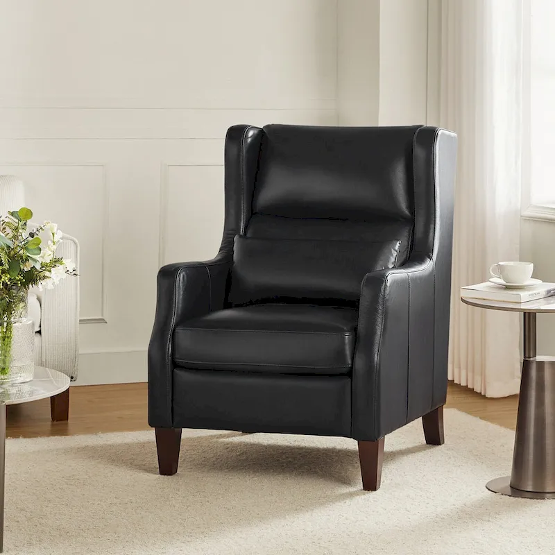 Genuine Leather Wingback Armchair with Lumbar Pillow