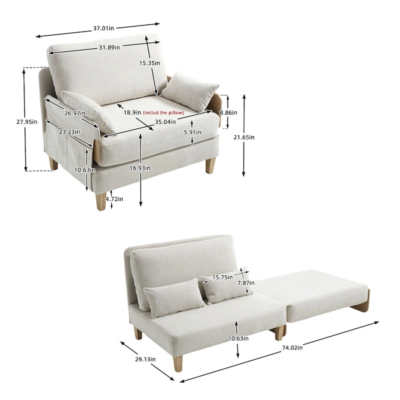 Chenille Upholstered 3-in-1 Convertible Sleeper Foldable Sofa Bed Recliner Chair with 3 Pillows