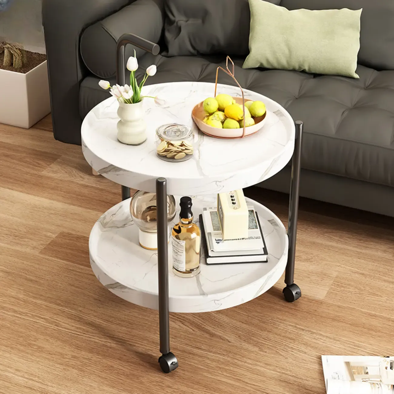 Modern 2-Tier Wood Round Coffee Table with Wheels, Tray