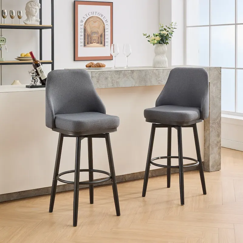 Bar Stools Set of 2 Chenille Adjustable Counter Height Swivel Bar Stools with Back Metal Leg,24 to 29 Inch,Light Gray