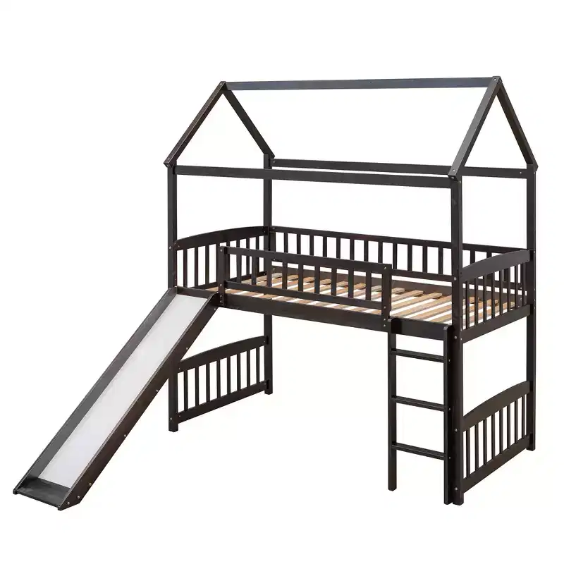 Twin House Loft Bed with Slide, Wood Playhouse Loft Bed Frame with Ladder and Roof