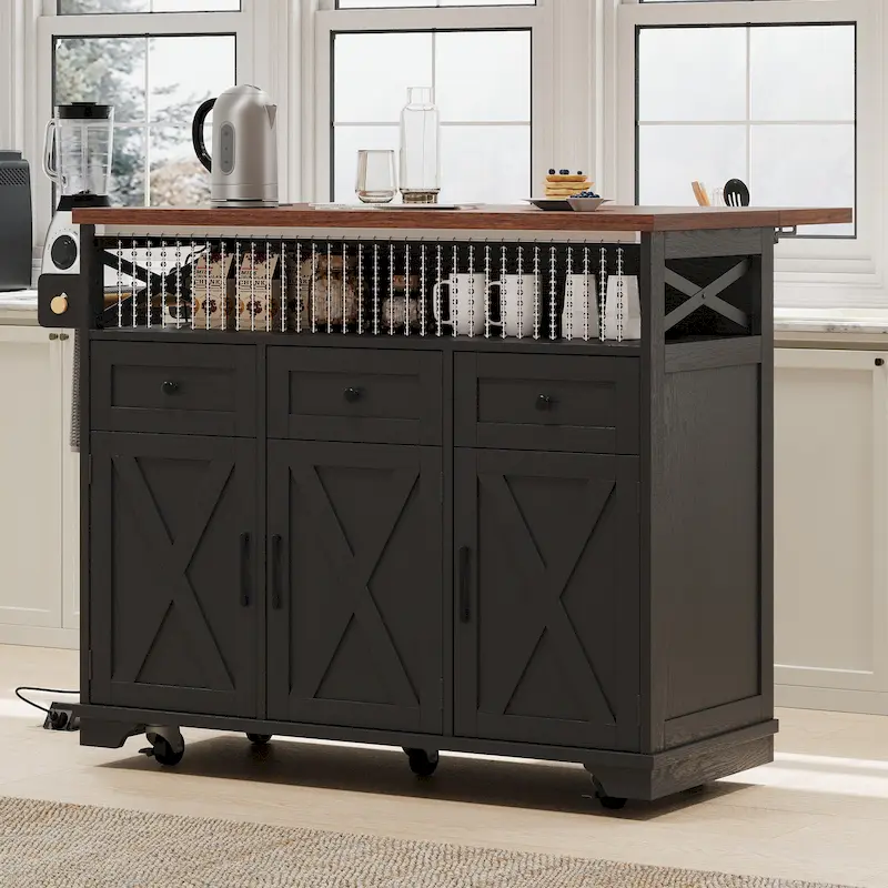 46.5 Farmhouse Kitchen Island w/Beaded Drape, Power Outlet, Drop Leaf, 3 Doors & Drawers, Iron Shelf, Wheels for Kitchen/Dining