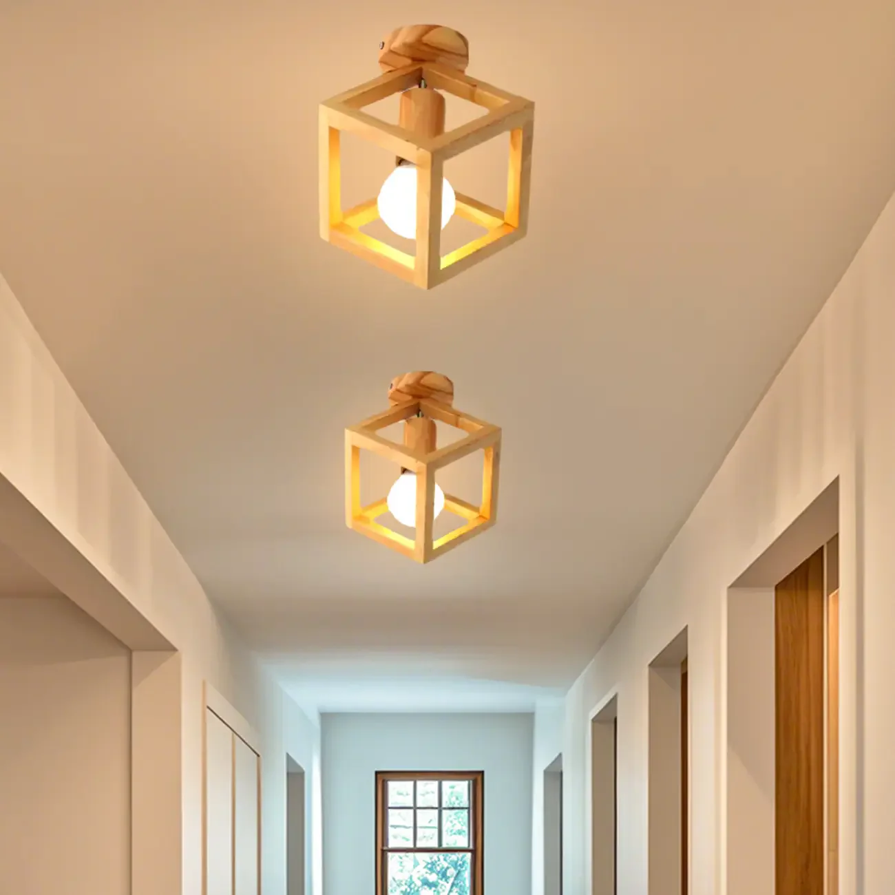 Natural Rubber Wood Cube Shade Semi Flush Ceiling Light