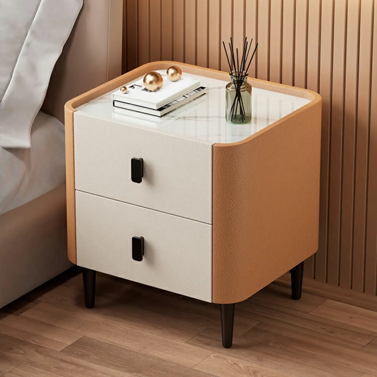Modern Leather Stone Tray Top 2-Drawer Nightstand