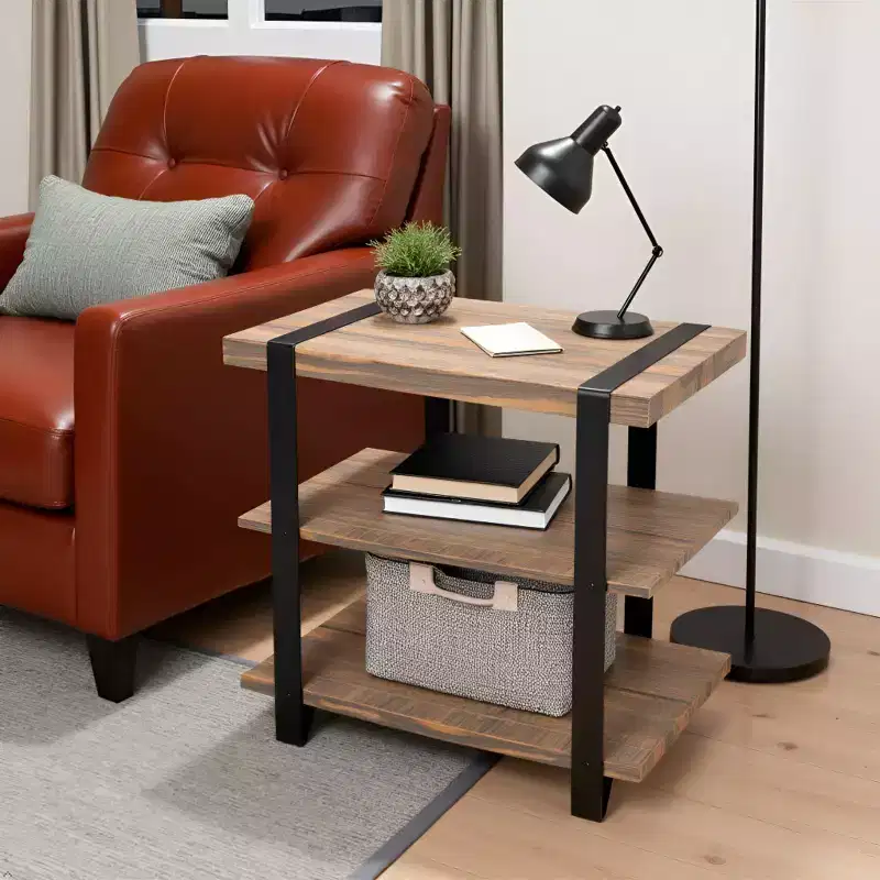 27" Modesto Wide 2 Shelf End Table with Metal Strap, Wood - Alaterre Furniture: Rustic Industrial Design, Black Frame