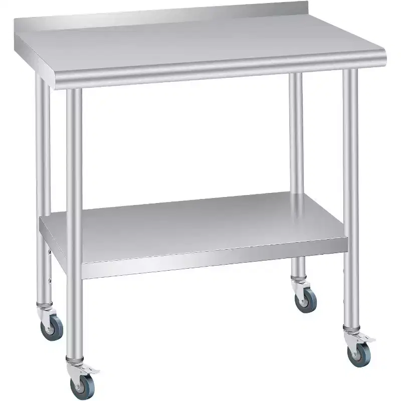 Acekool Stainless Steel Table with Wheels, 60x24in Heavy Duty Prep Workstation, Backsplash & Adjustable Shelf for Kitchen, Restaurant, Office