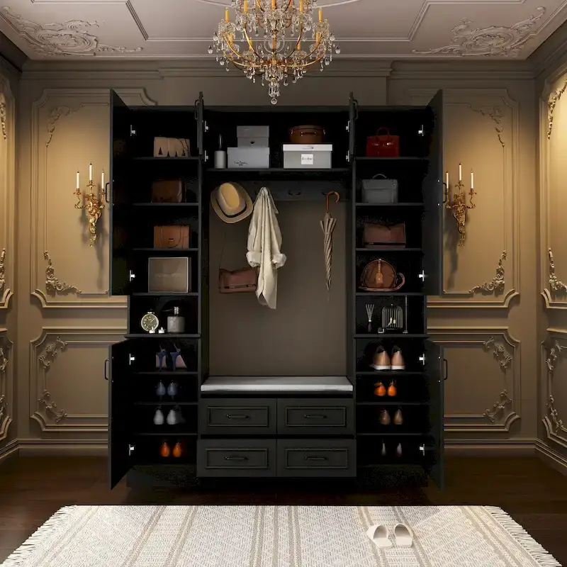 Modern 6-Door Armoire with Cushioned Bench and Drawers