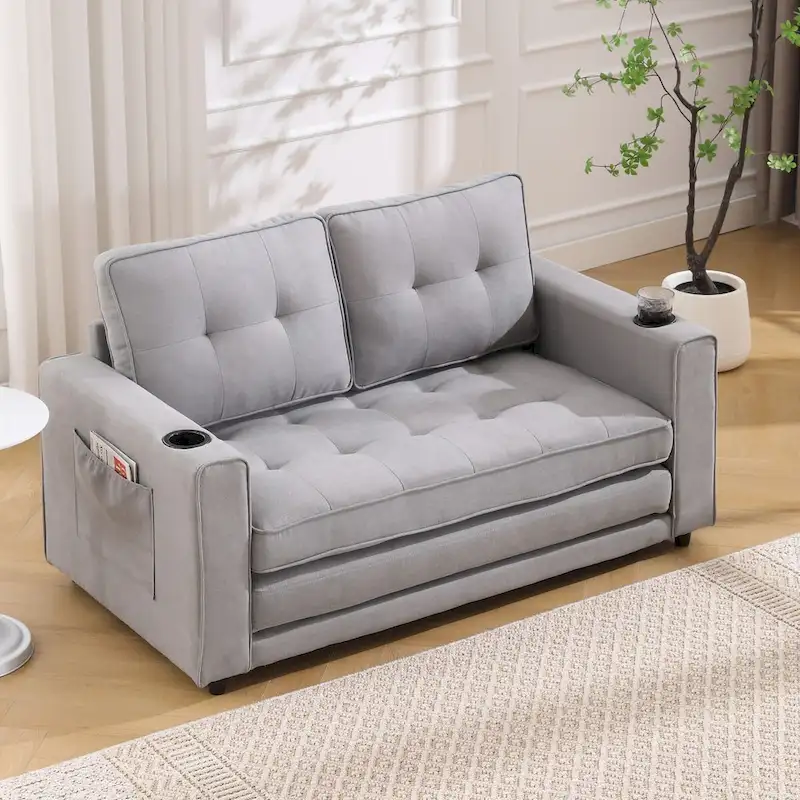 Oaks Aura Upholstered Futon Sofa with Pull-Out Sleeper Couch, Muticolour Choice Foldable Tufted Loveseat With Cup Holder