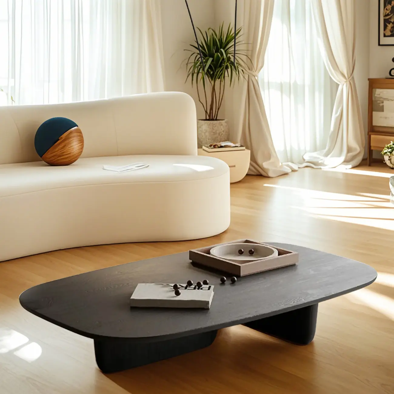 14 in Modern Black Oval Coffee Table with Double Pedestal
