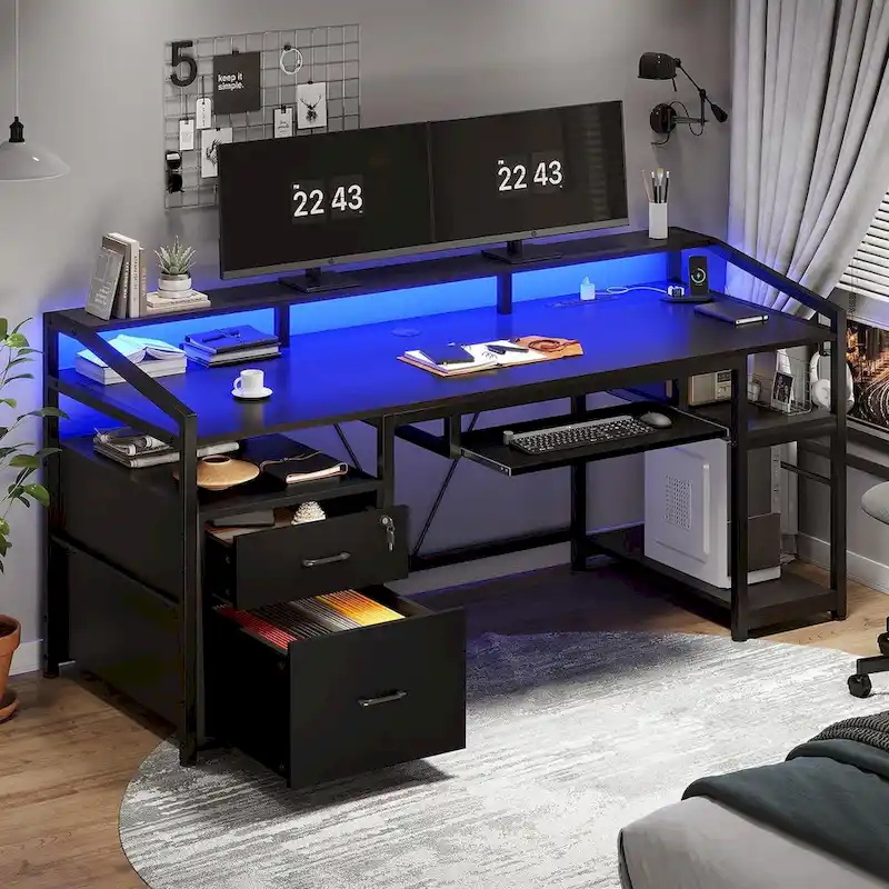 LED Computer Desk With Lock Drawers Keyboard Tray Power Outlet