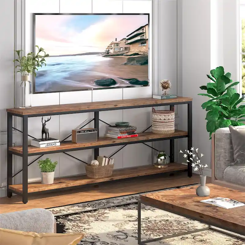 Extra Long Console Sofa Table with Metal Frame for Entrance, 3 Tiers TV Stand