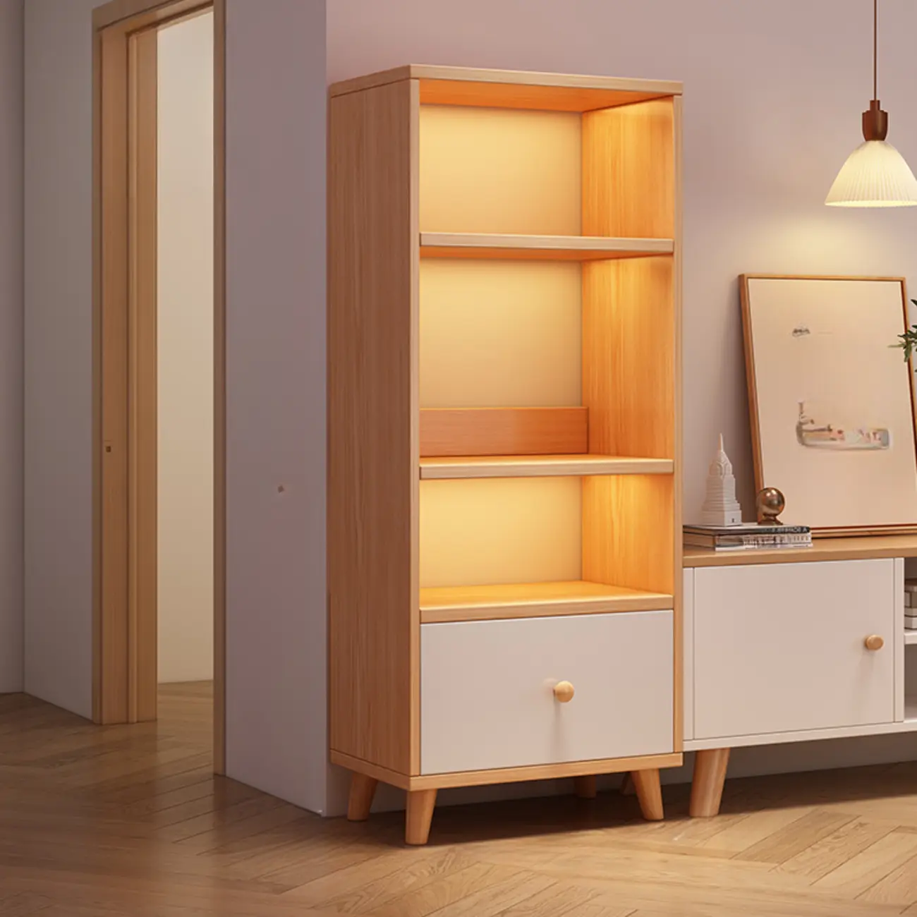 Tall Gray 4-Tier Open Back Wood Bookshelf with Drawer