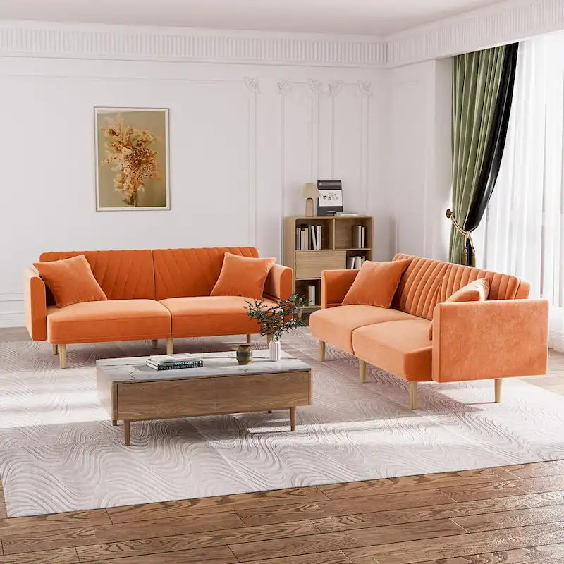 Ouyessir Upholstered Tufted Convertible Futon Sofa Bed with Foldable Armrest