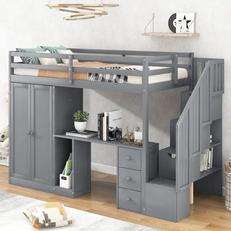 Twin Size Wooden Loft Bed with Wardrobe and Staircase, Desk and Storage Drawers and Cabinet in 1