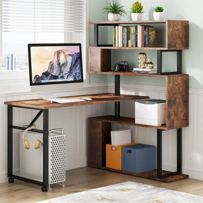 Brown/ Black Rotating L-Shaped Computer Desk, Corner Home Office Desk with Storage Shelf