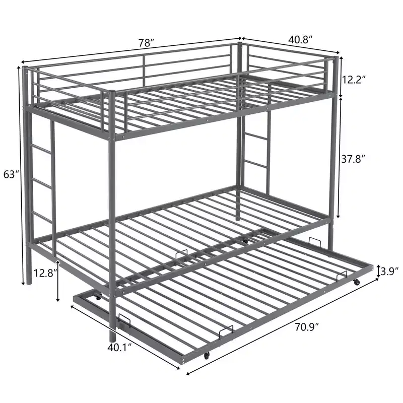 Karl Home Blcak Twin over Twin Bunk Bed with Trundle, Heavy Duty Metal Bed Frame with Safety Rail Side Ladders