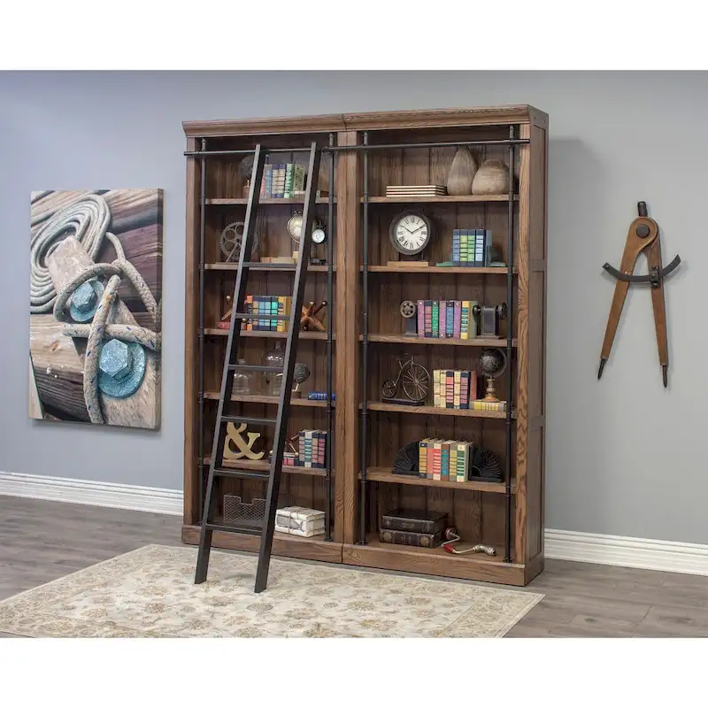 Avondale 8' Tall Bookcase Wall With Ladder, Storage Organizer, Display Shelf for Office, Brown - 80W x 94H x 15D