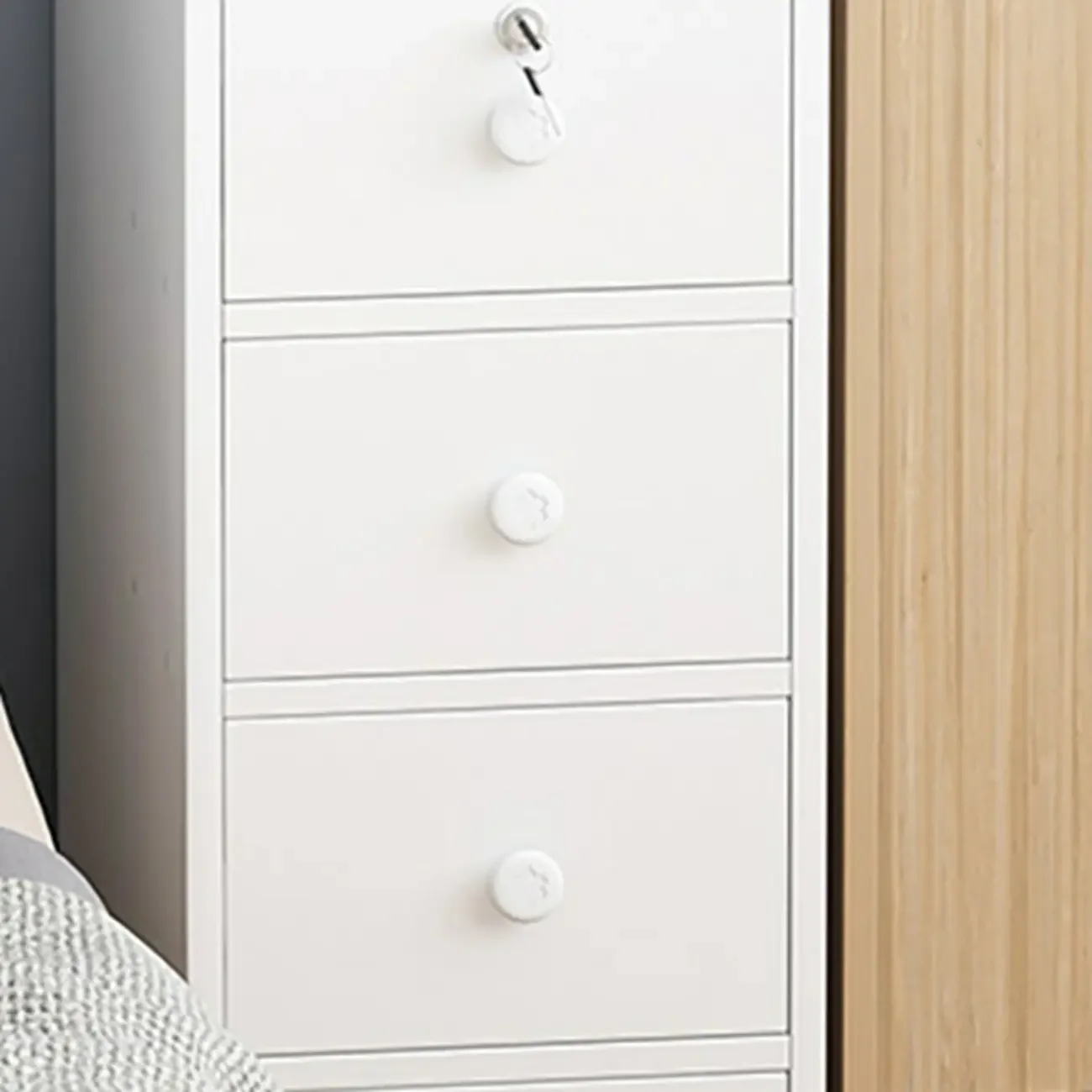 Narrow White Wood Nightstand with Drawers & Shelf