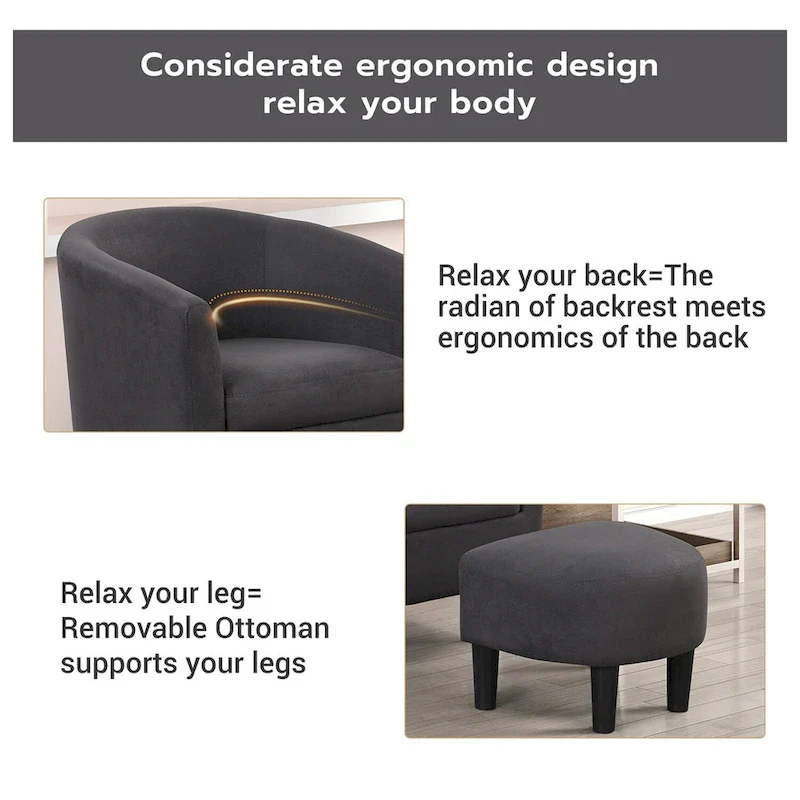 Classic Barrel Accent Chair Upholstered in Soft Polyester Fabric Footrest included