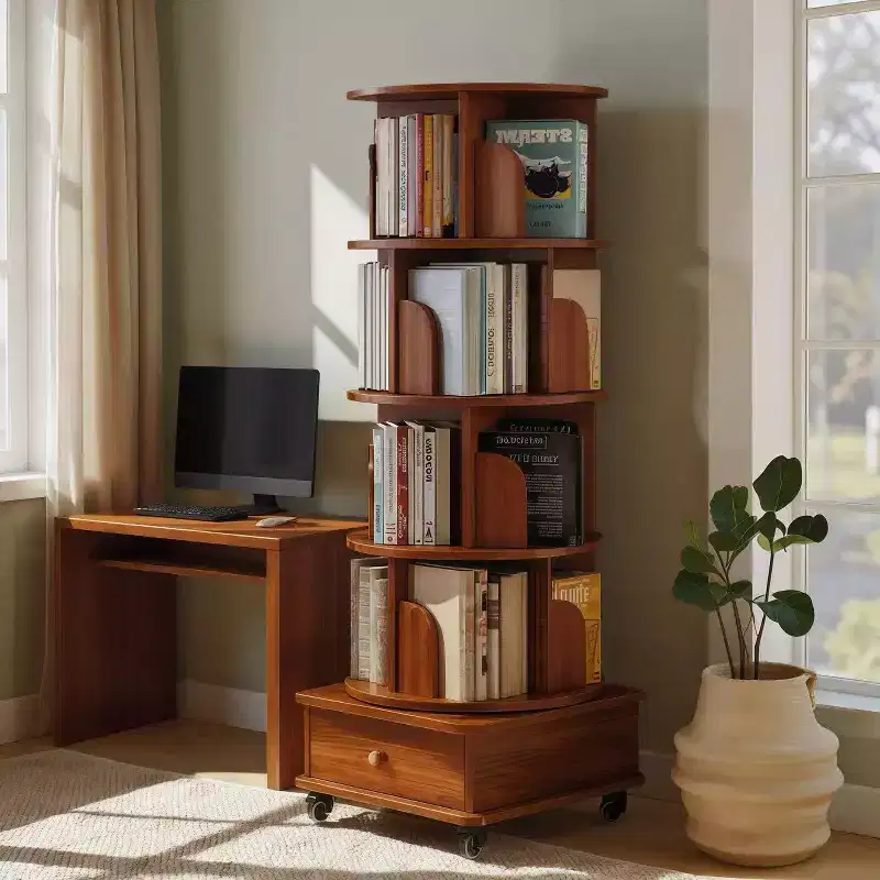 MAYEERTY 360 Display 5 Tier Corner Bookshelf with Drawer for Small Space Floor Standing Bookcase Storage Rack for Living Room White