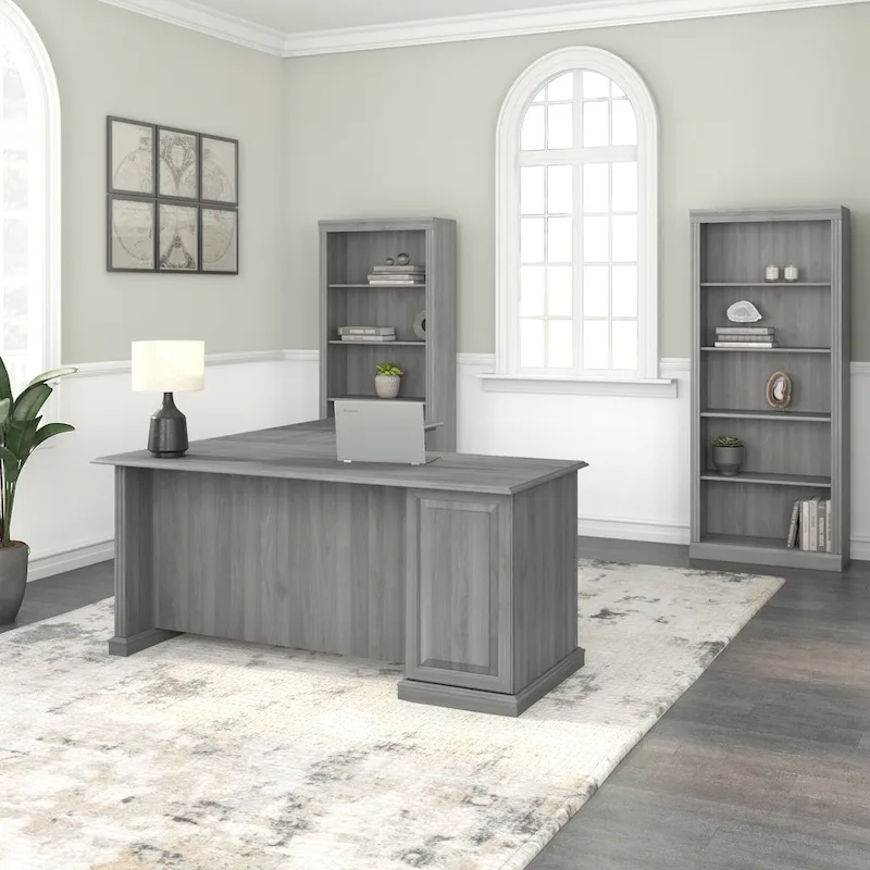 L-Shaped Computer Desk with Drawers, Cherry/Gray/White Oak, Traditional, Seats 1