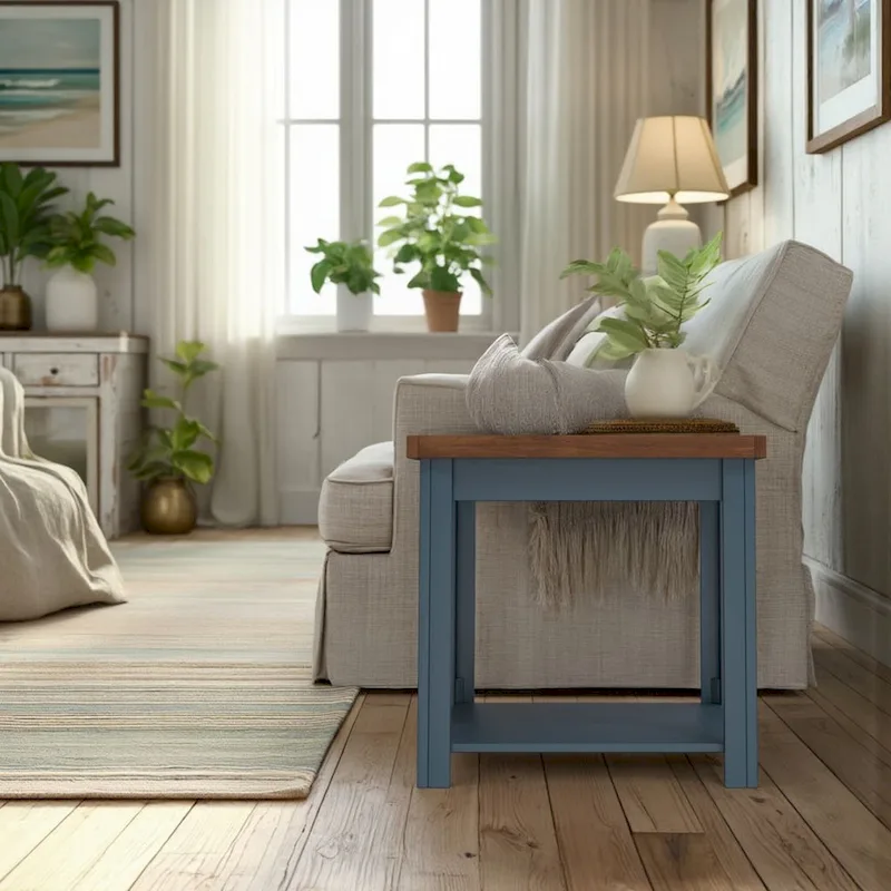 24 inch Side Table, No Assembly Required, Blue Denim and Whiskey Finish