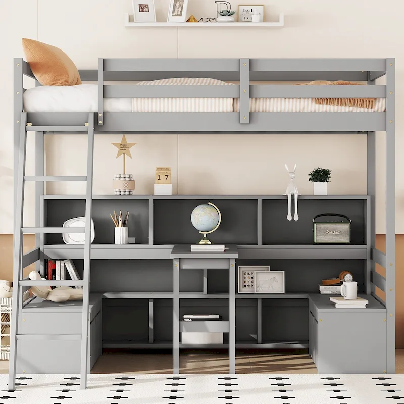 Twin Size Wood Loft Bed with Storage Shelves