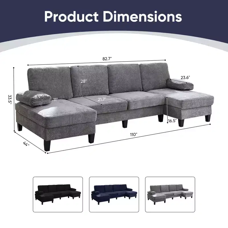 Mjkone 110U-Shaped Sectional Couches,Chenille Upholstered Large 4-Seater Sofa with Double Chaises and Sleepable Armrests