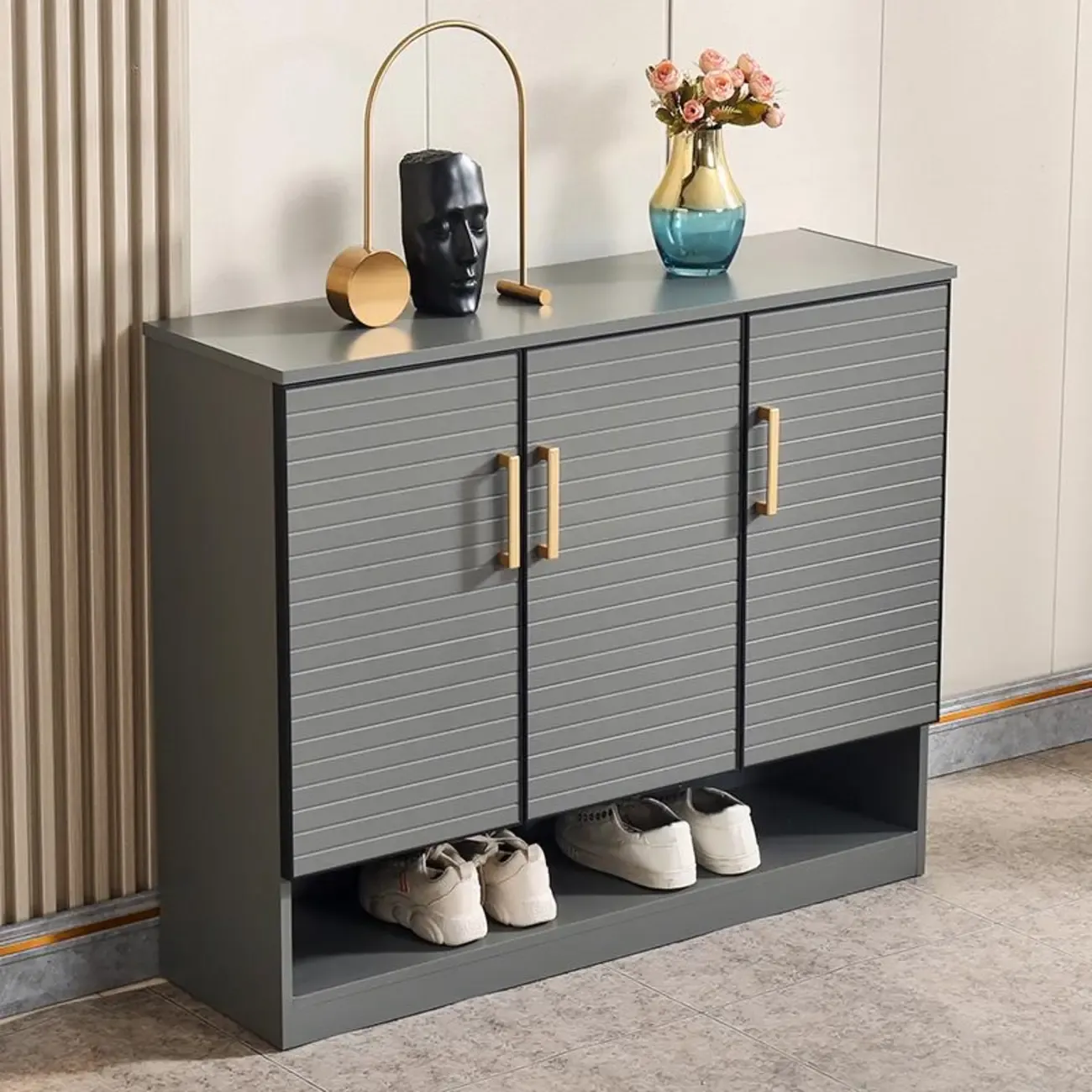 Metal Grey Shoe Cabinet with Open Bottom Shelf