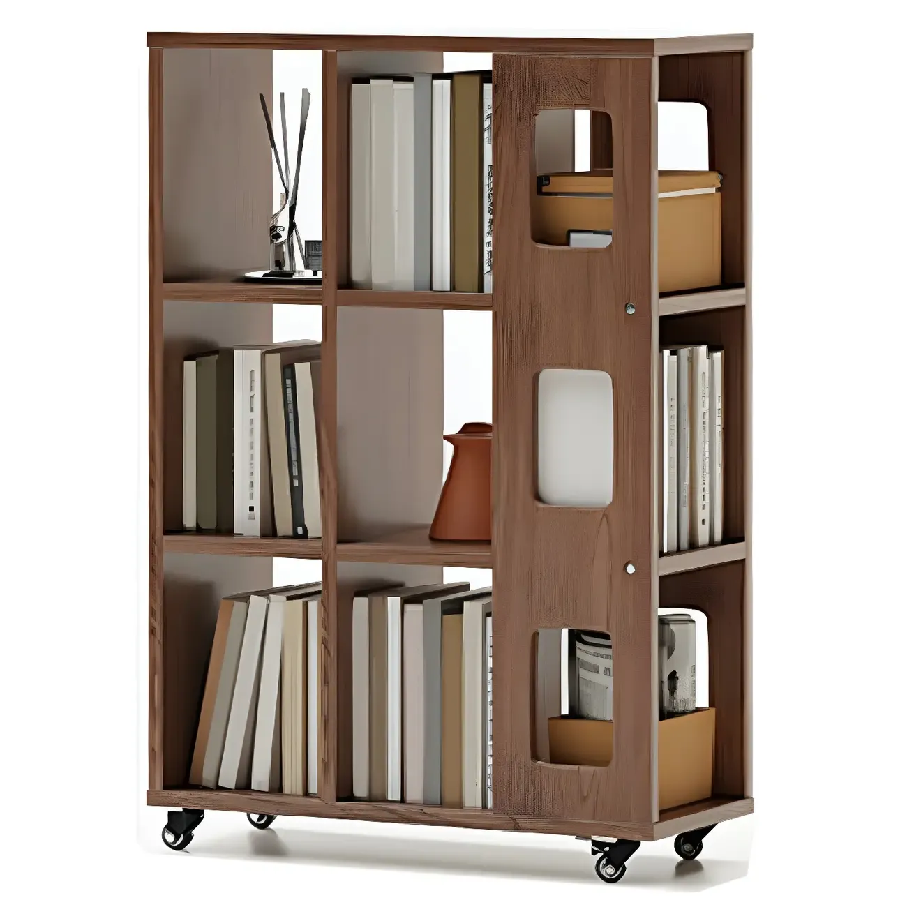 Mid-Century Nut-Brown Wood 5-Tier Bookcase on Wheels