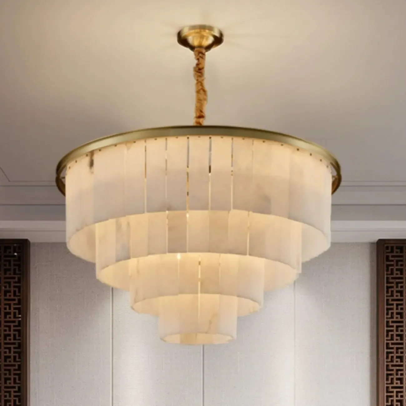 Classic Gold Tiered Circular Alabaster Chandelier