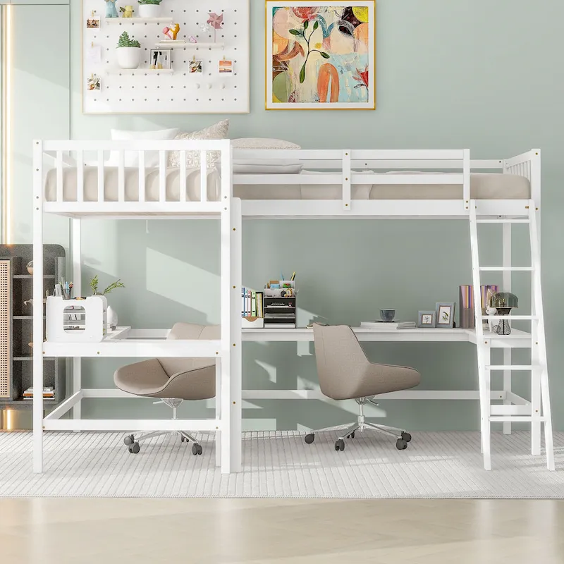 Twin L-Shaped Loft Bed with Desks