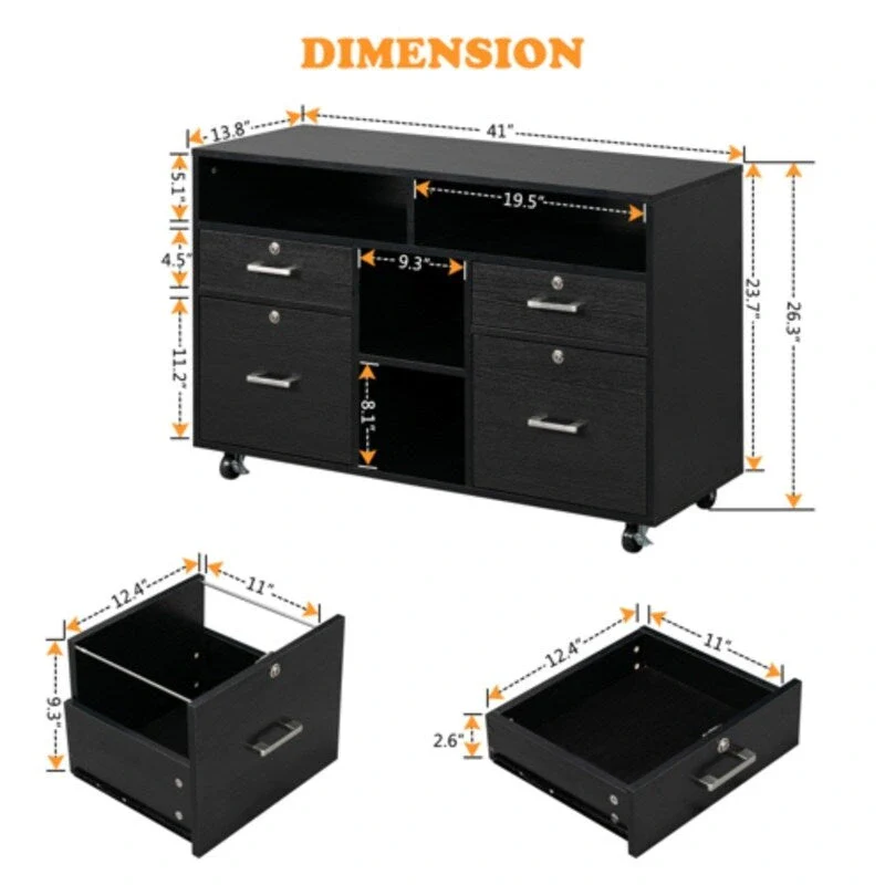 Black Wood Grain 4-drawers Wooden File Cabinet