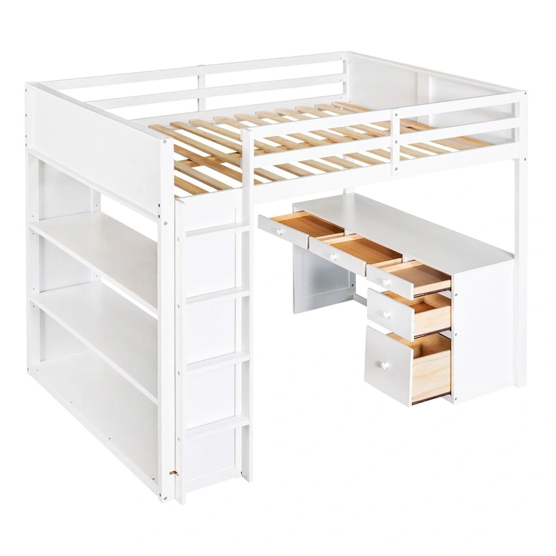 Full Size Loft Bed with Built-in Studying Desk, Solid Wood Bed Frame with 3-Tier Shelves and Storage Drawers, Versatile Bed