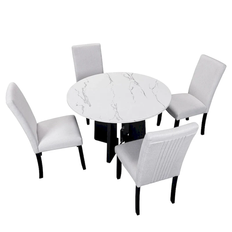 5 Piece Kitchen Table and Chairs Set, 4 People Round Dining Table Set, 4 Upholstered Chairs with Rubber Wood Legs