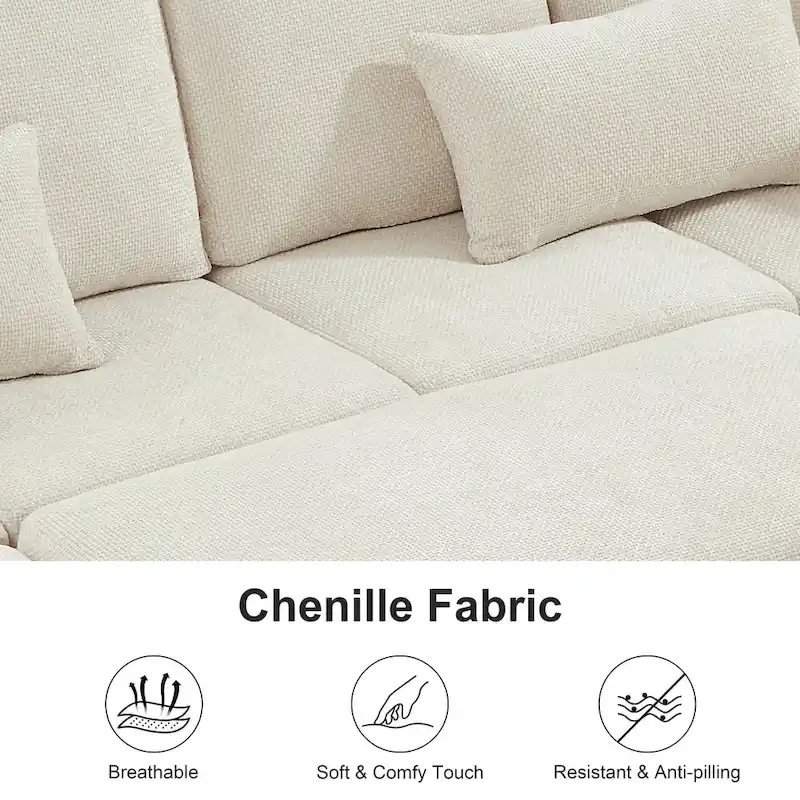 97 Chenille L-Shaped Sectional Sofa with Storage Ottoman, 7 Seats & 2 Pillows - Convertible Sleeper Sofa