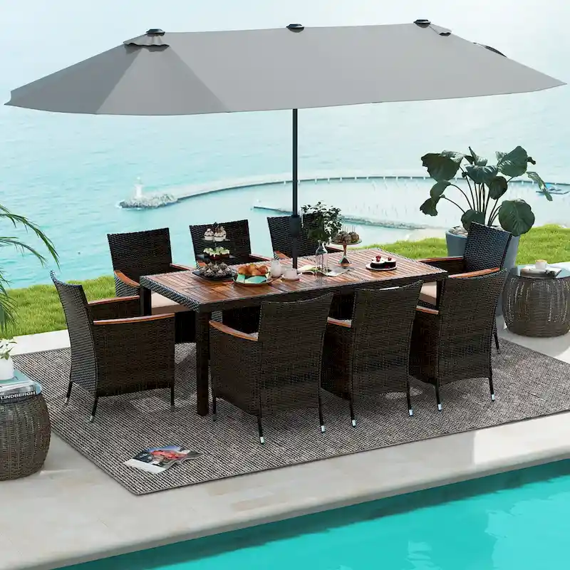 Gymax 9 Piece Patio Wicker Dining Set w/ Double-Sided Patio Grey