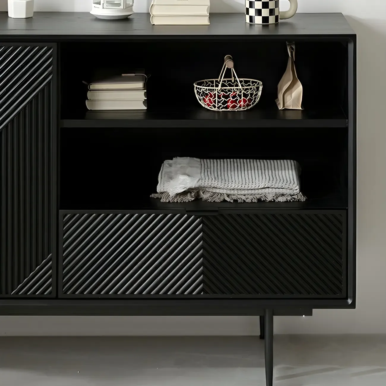 Geometric Black Wooden Sideboard with Drawer & Cabinet