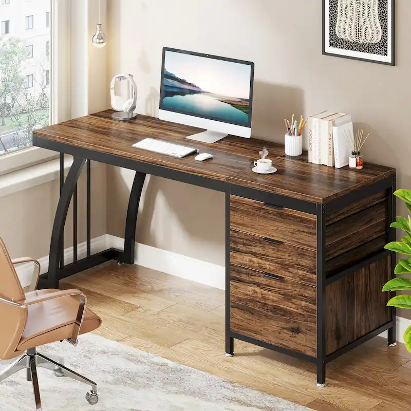 59-inch Wood/ Metal Computer Desk Writing Table with 3 Reversible Drawers