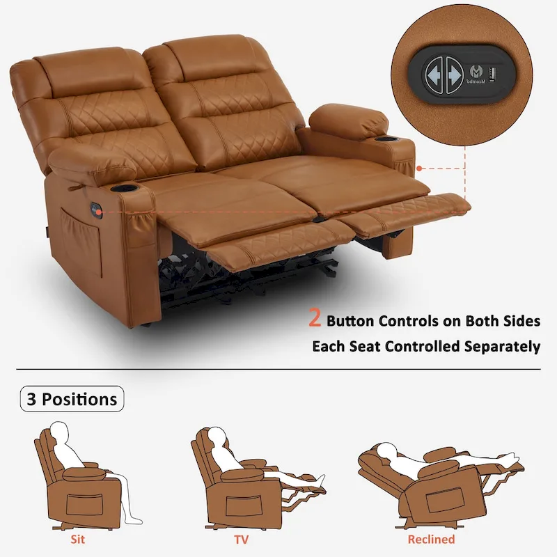 Power Recliner Loveseat, Saddle/Dark Brown/Light Grey, Heat & Massage, Seats 2