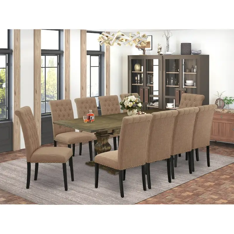 East West Furniture 11 Piece Dining Set- a Dining Table and 10 Light Sable Linen Fabric Chairs(Finish Options)