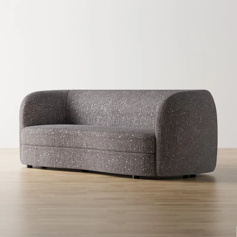 Modern Curved Arms Boucle Sofa Couch with Kidney Style Seat and Round Wooden Legs