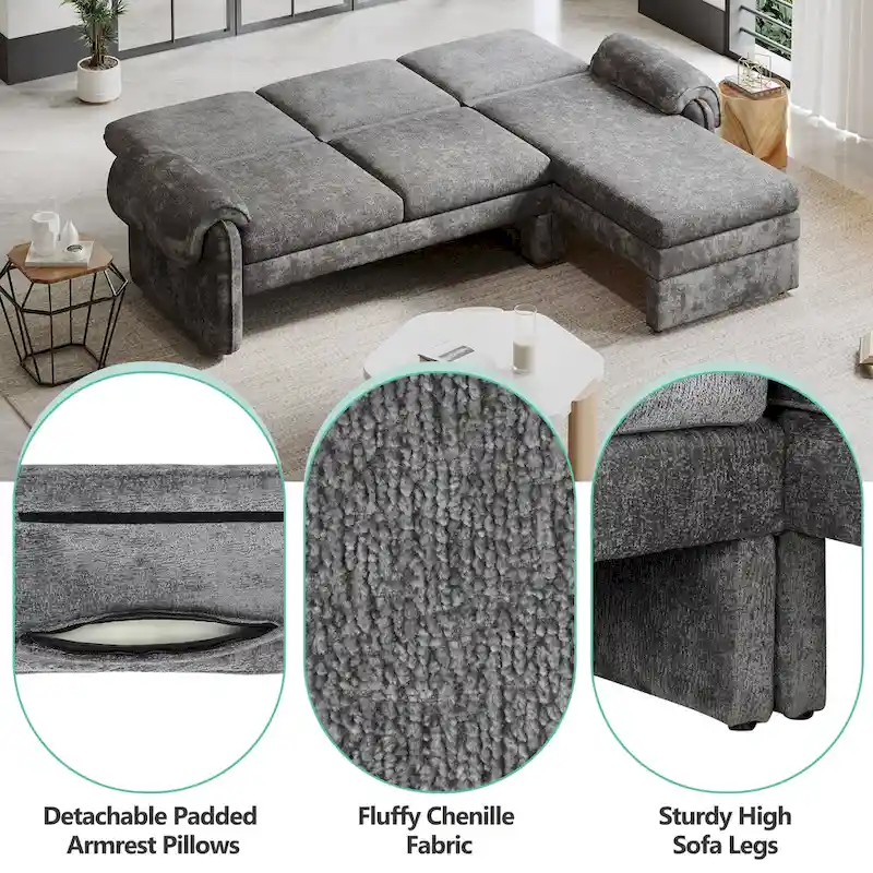 94.1 Chenille L-Shaped Futon Sofa with Adjustable Backrest & Reversible Chaise