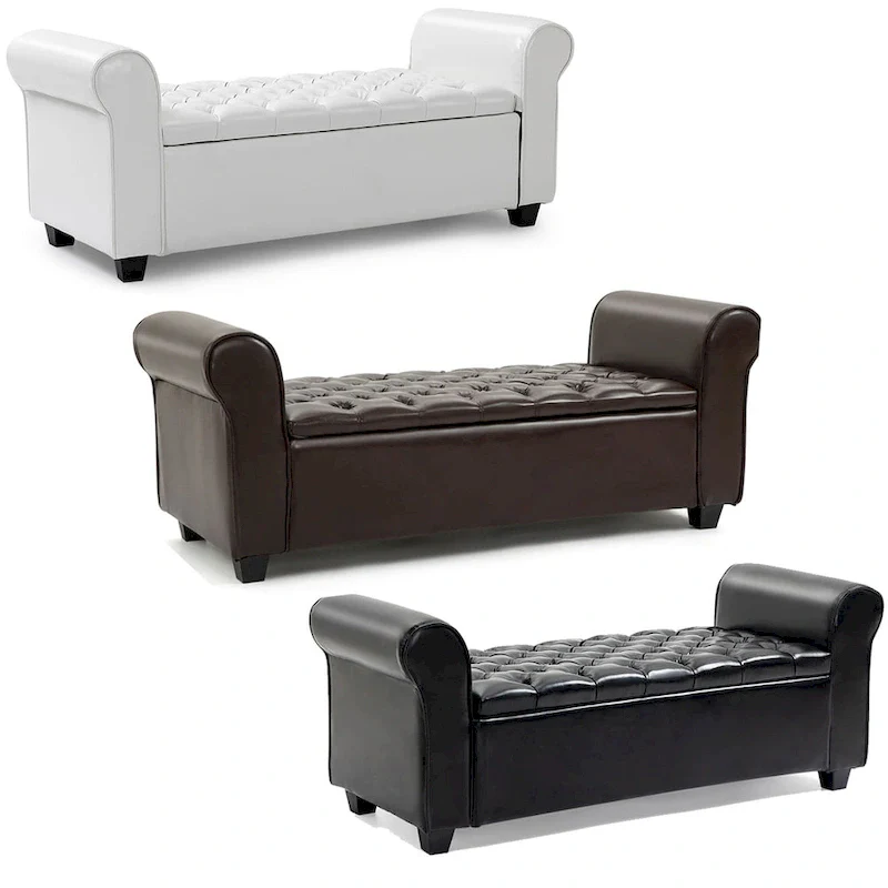 Leather Upholstered Storage Ottoman Bench with Arms