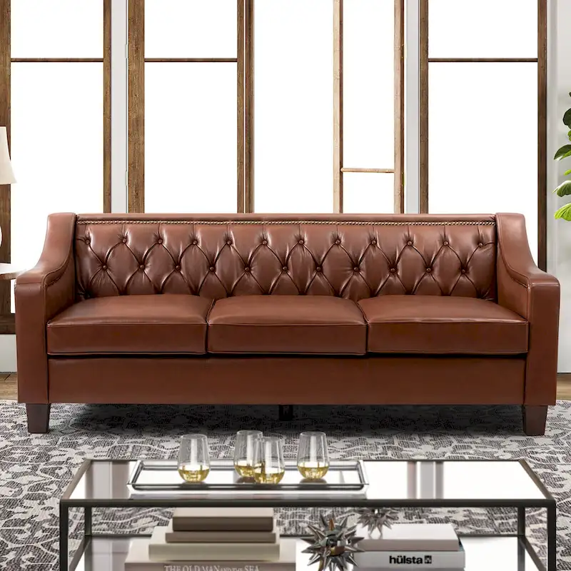 Mateo 82.28 Wide Transitional Genuine Leather Sofa with Nailhead Trim and Button-Tufted Back
