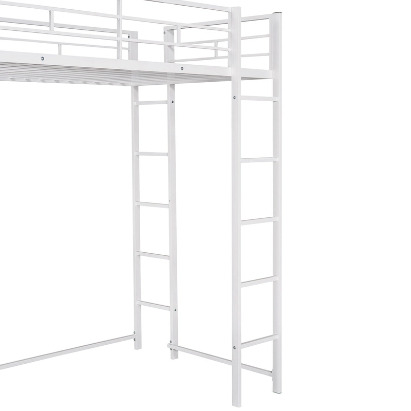 White Twin Metal Loft Bed with Ladder, Fence & Desk