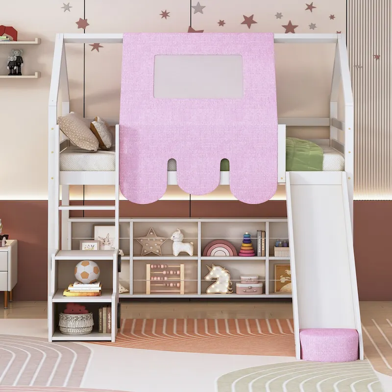 Twin Loft Bed with Play Tent, House Design, Slide & Ladder