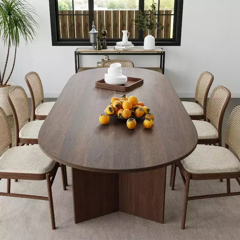 79 Farmhouse Large Oval Brown Dining Table for 6-8 People with V-Shaped Legs for Dining Room and Living Room